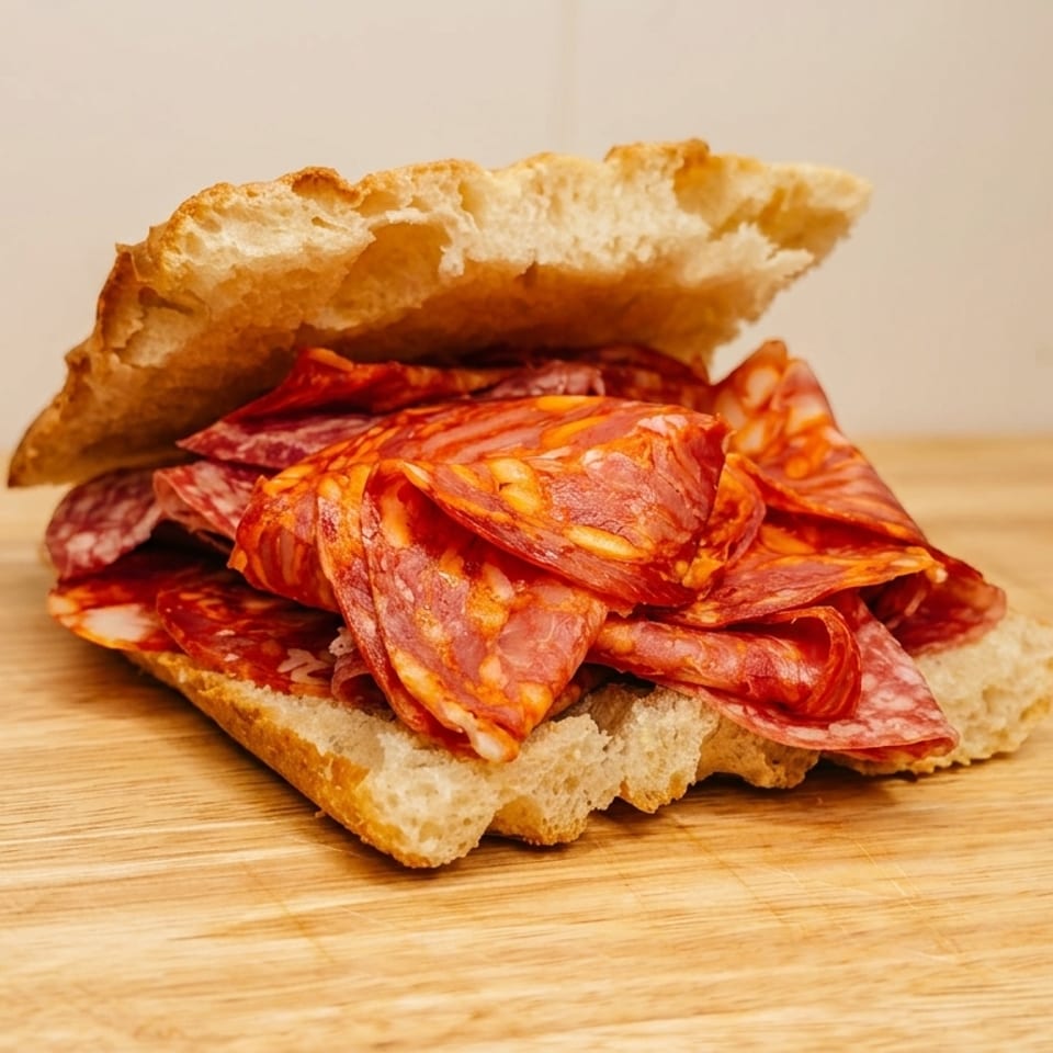 A rustic sandwich with a generous filling of sliced chorizo and salami on a wooden board.