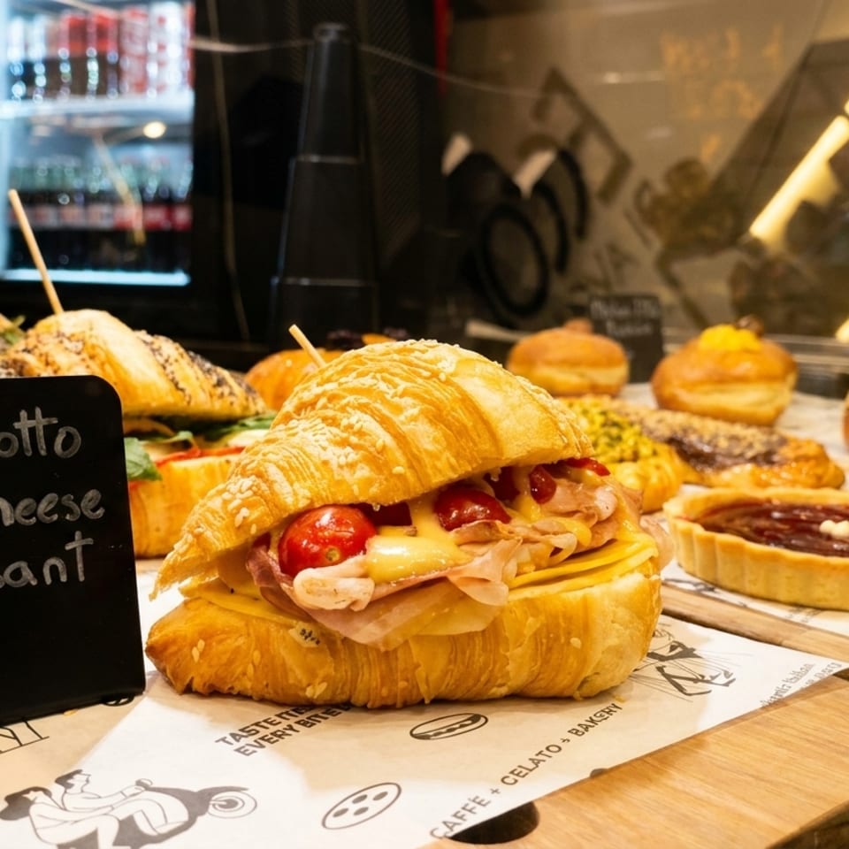 A croissant sandwich with prosciutto, cheese, and tomatoes, alongside pastries and a price sign.