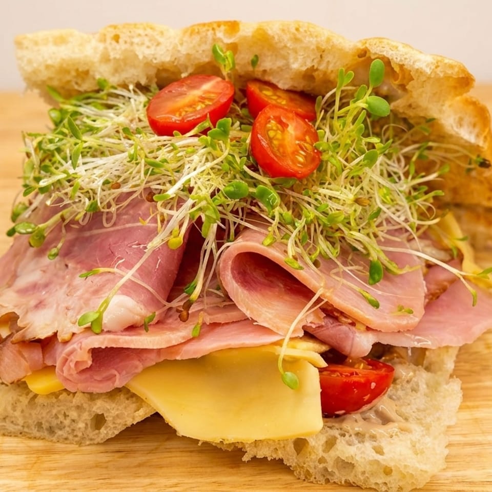 A close-up of a sandwich filled with ham, cheese, cherry tomatoes, and sprouts on a wooden board.