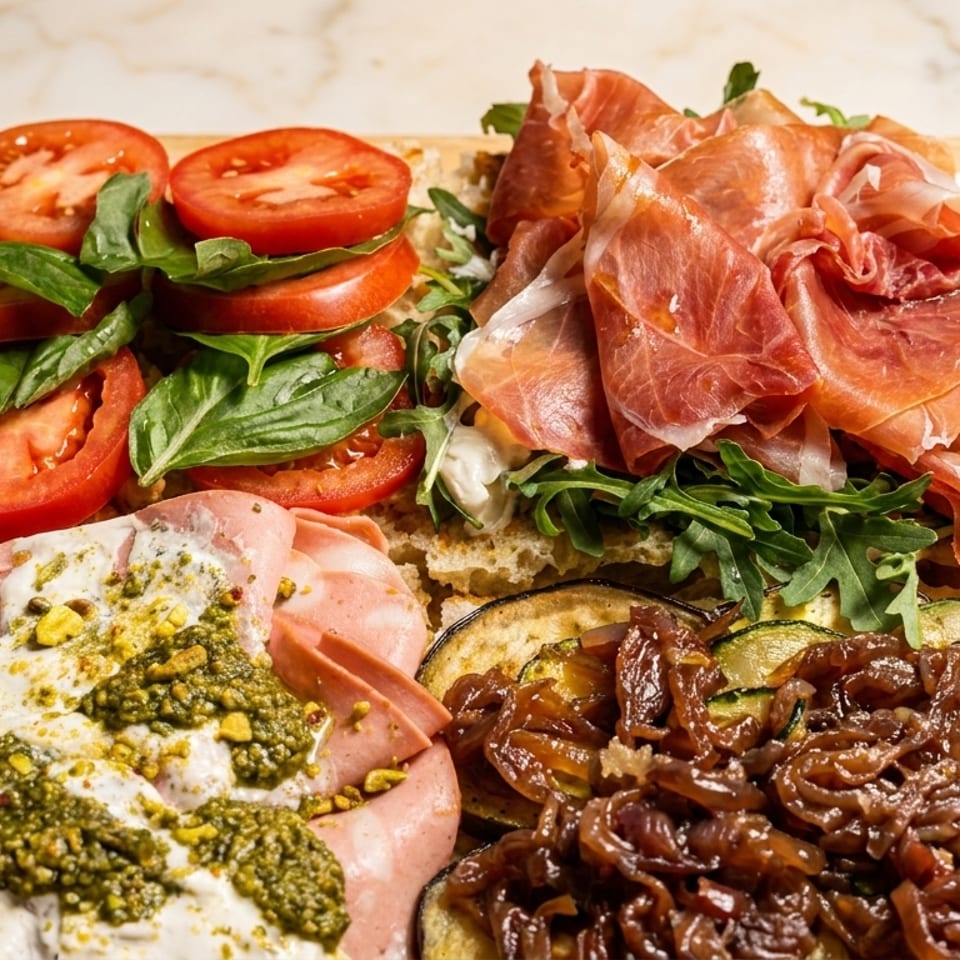 Four open-faced sandwiches on a wooden board, with various toppings like prosciutto, tomatoes, and pesto.