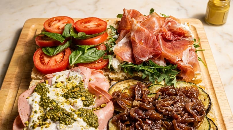 Four open-faced sandwiches on a wooden board, with various toppings like prosciutto, tomatoes, and pesto.