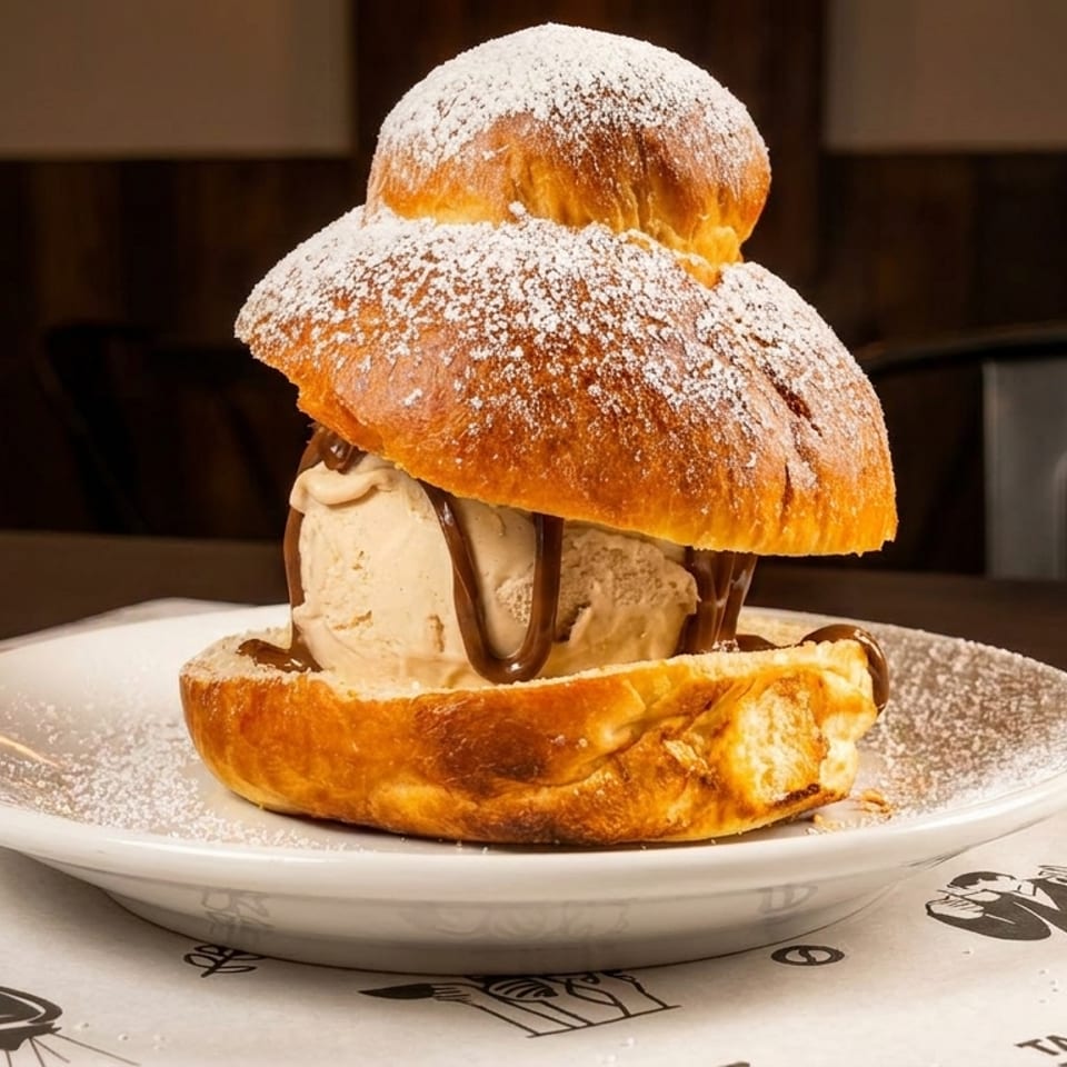 Brioche bun with a scoop of ice cream and chocolate drizzle, dusted with powdered sugar.