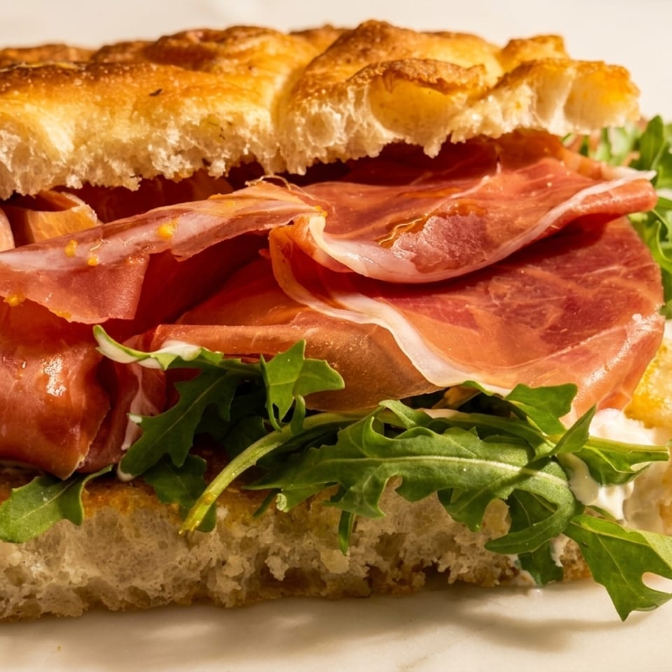 Close-up of a focaccia sandwich filled with prosciutto, arugula, and creamy white cheese.