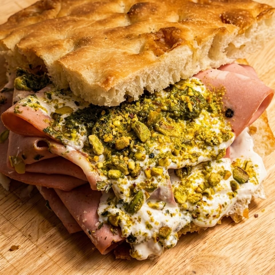 Mortadella sandwich on focaccia bread with pistachio pesto and burrata cheese on a wooden board.